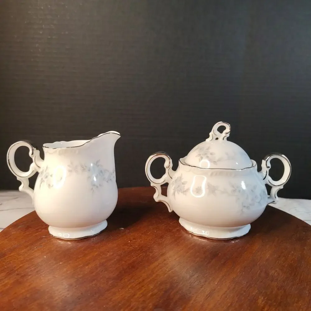 MIKASA Barbizon Pattern Sugar Bowl Dish w/ Lid & Creamer Blue Flowers Silver Rim
